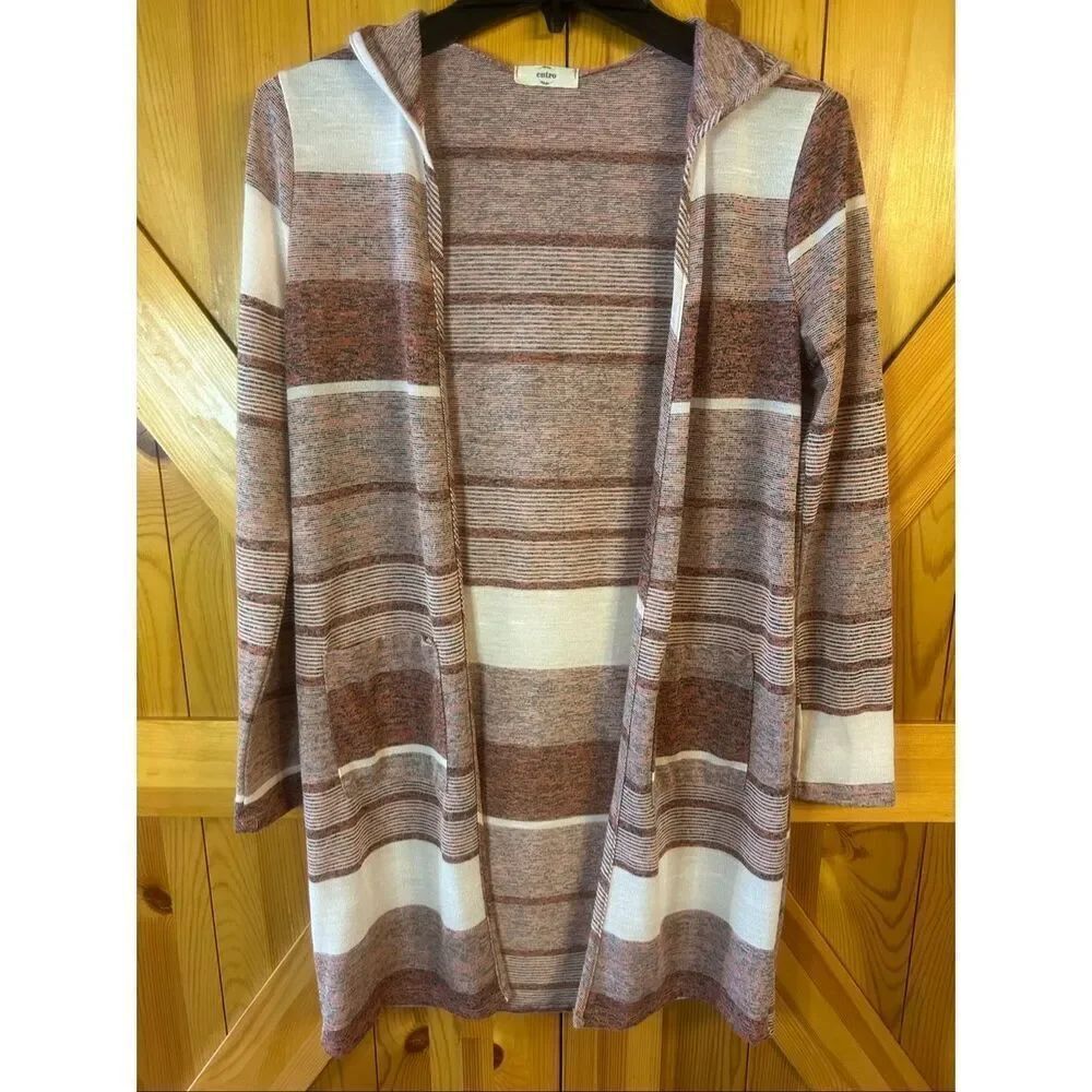 Entro Women’s Open Front Hooded Lightweight Cardigan Orange Cream Size Small (57